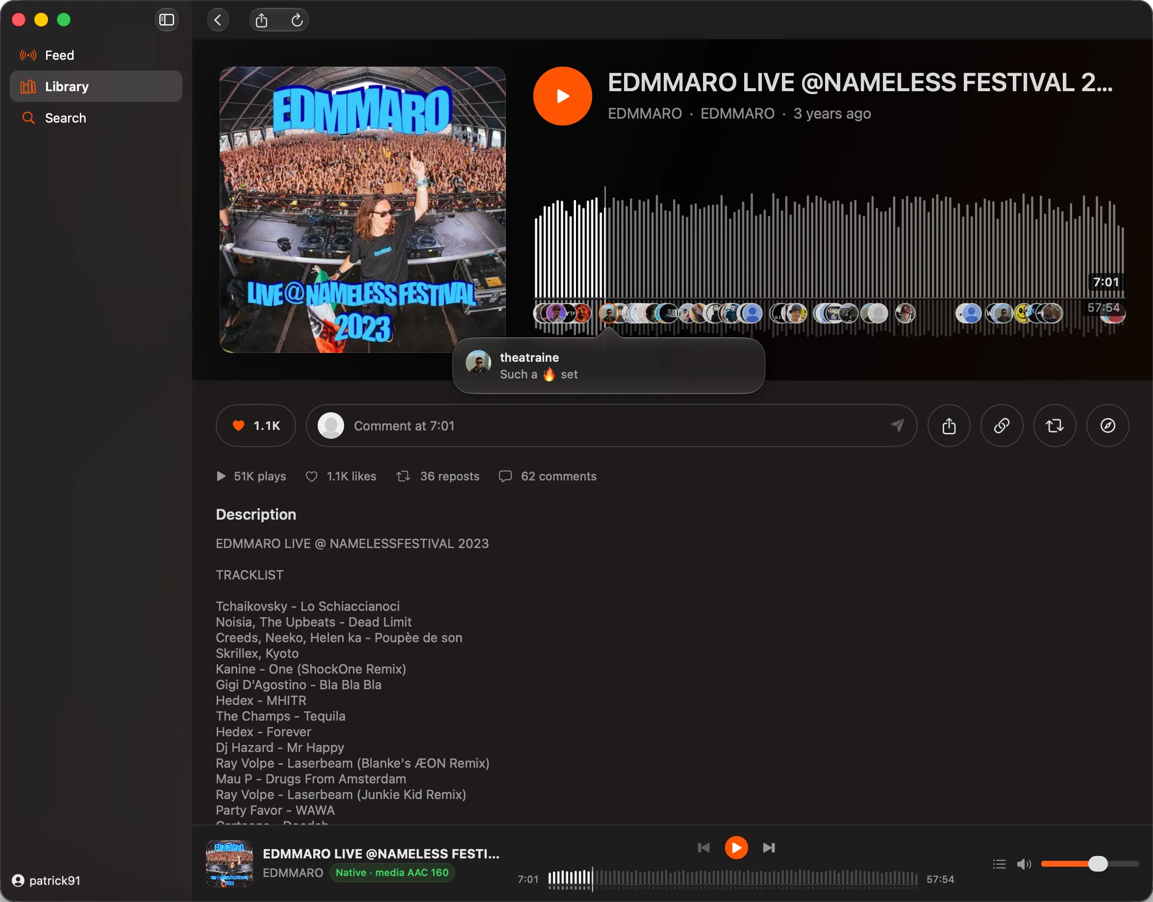 CloudSound showing a SoundCloud track, waveform, timed comments, and the persistent Mac player